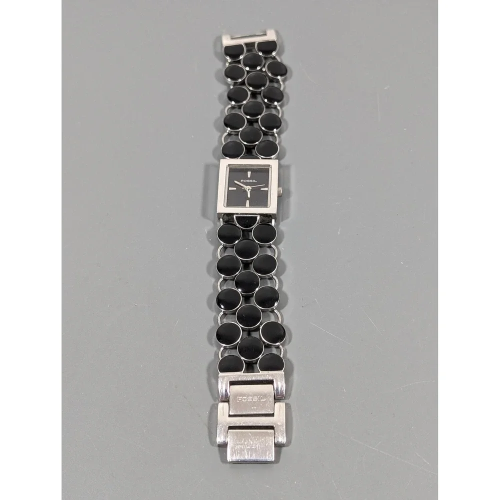 Fossil Black‎ Enamel Watch Womens Silver Tone Bracelet Working